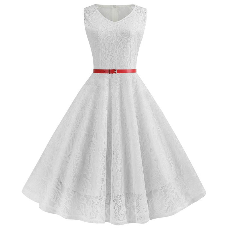 Women Summer Dress 50S 60S Elegant Vintage Lace Dress Robe Sleeveless Party Casual White Midi Vestidos