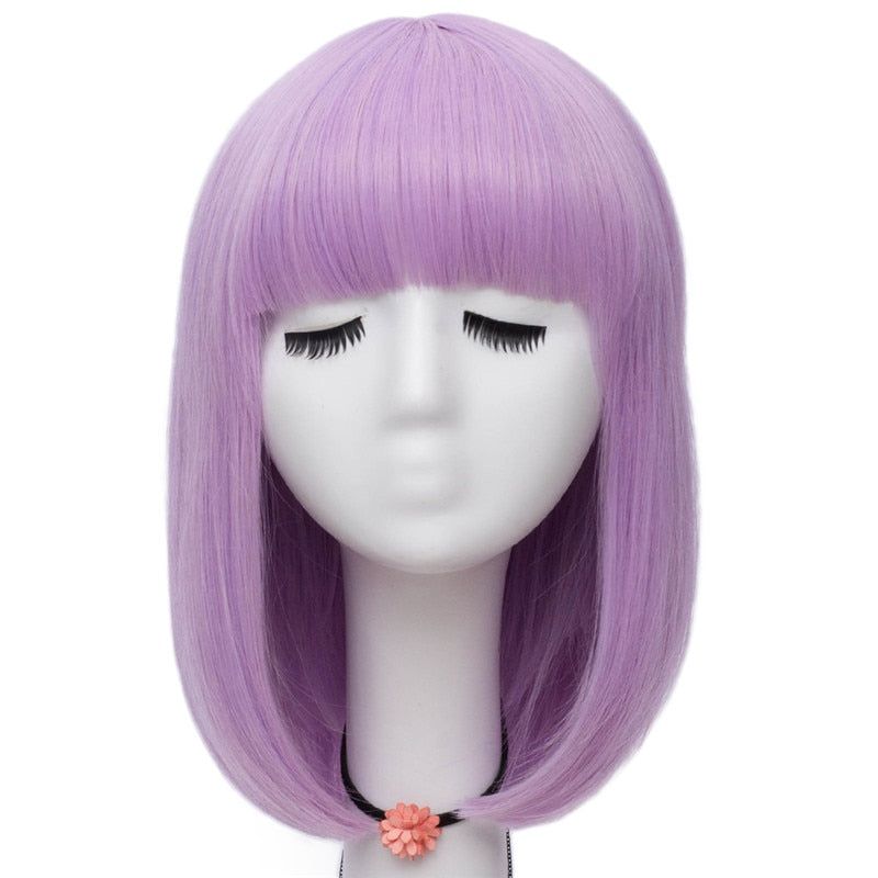 Women Orange Short Cosplay Wig with Bangs BOb Hairstyle  Heat Resistant Fiber Synthetic Straight Hair