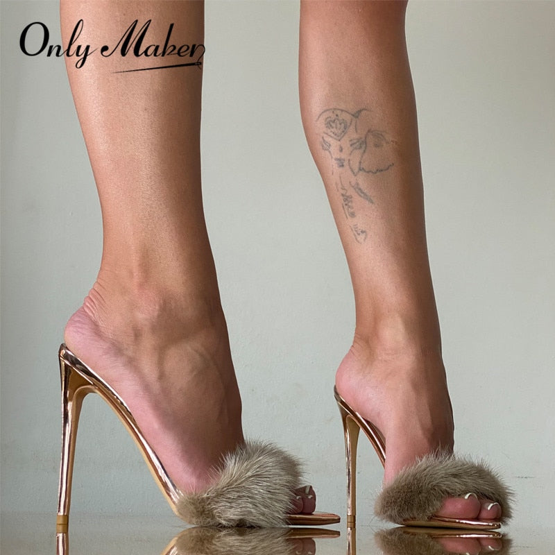 Onlymaker Peep Toe Mules Artificial Fur Slip On Gold White Thin High Sandals Big Size High Quality Summer Women Brand Sandals