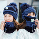 3 Pcs/set Winter Hats For Women With Breathing Mask 2in1 Knitted Hat Girl Pompoms Hat Warm Add Fur Lined Protective Winter Hat