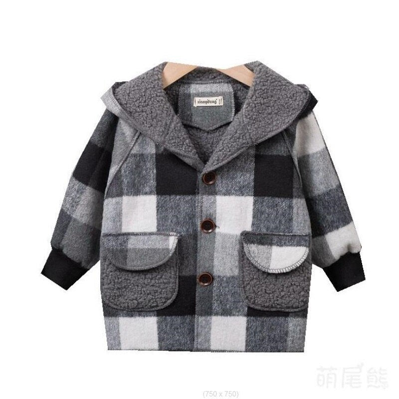 2-8Years Children Clothes Wool Coat For Boys Autumn Winter Plus Velvet Thicken Hooded Jacket For Boy Windbreaker Kids Overcoat