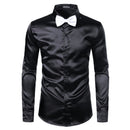 2pcs Silver Silk Shirt+Tie Mens Satin Smooth Tuxedo Shirts Casual Button Down Men Dress Shirts Wedding Party Prom Chemise Homme