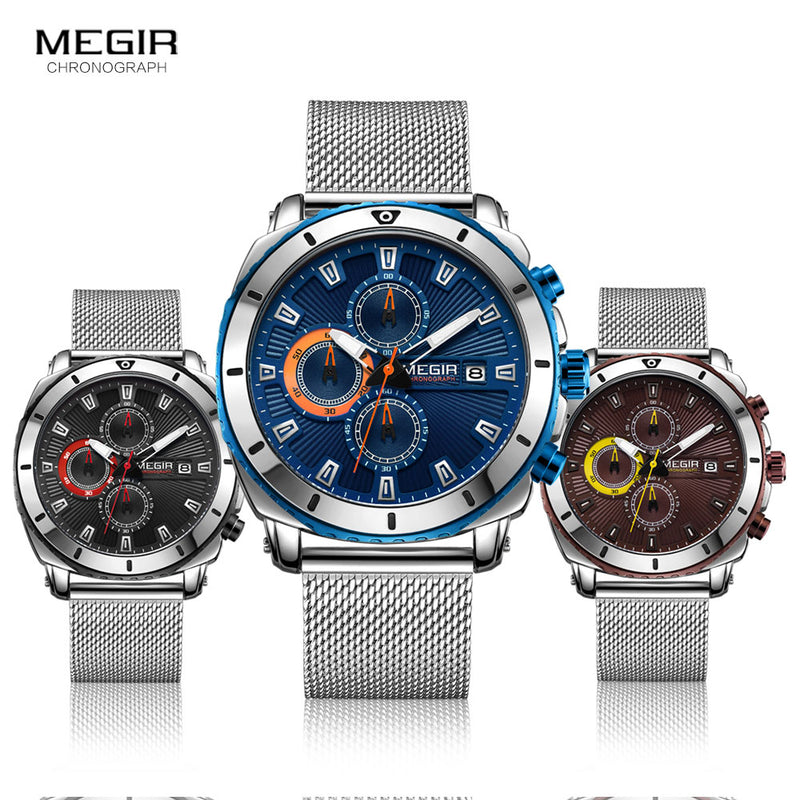 Relojes MEGIR para hombre 2020, relojes de pulsera deportivos impermeables de lujo de la mejor marca para hombre, correa de malla, cronógrafo de cara marrón, relojes de cuarzo