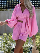 Women Casual Loose V Neck Crop Top And Straight Shorts Two Piece Set Female Solid Lace Up Long Sleeve Shirts Tops And Shorts Set