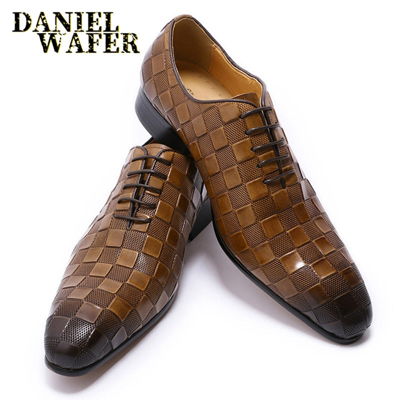 Luxury Italian Leather Dress Shoes Men Fashion Plaid Print Lace-Up Black Brown Wedding Office Shoes Formal Oxford Shoes for Men