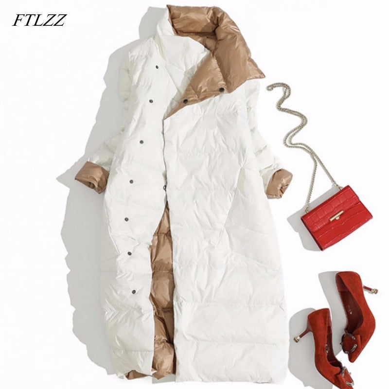 FTLZZ 5XL Damen Doppelseitige Daunenjacke Weiße Entendaunenjacke Winter Zweireiher Warme Parkas Schnee Outwear