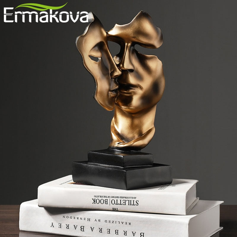 ERMAKOVA 27cm Kissing Couple Human Face Sculpture Resin Mask Statue Tabletop Ornament for Home Decor, Wedding Gifts