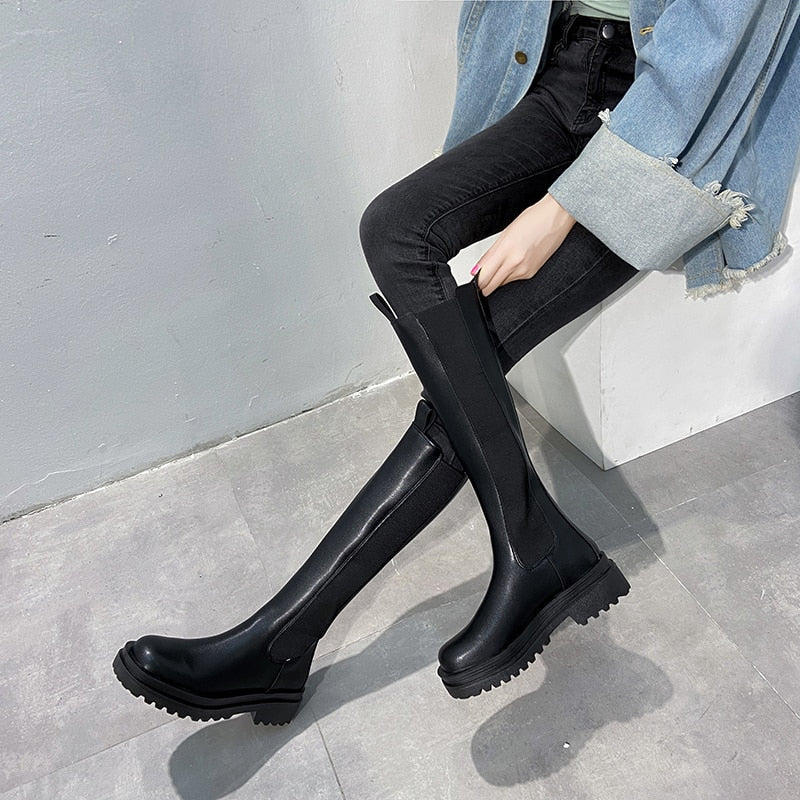 TUINANLE, botas Chelsea, botas gruesas para mujer, zapatos de invierno, botines de felpa de cuero PU, botines de plataforma de moda de otoño para mujer negros