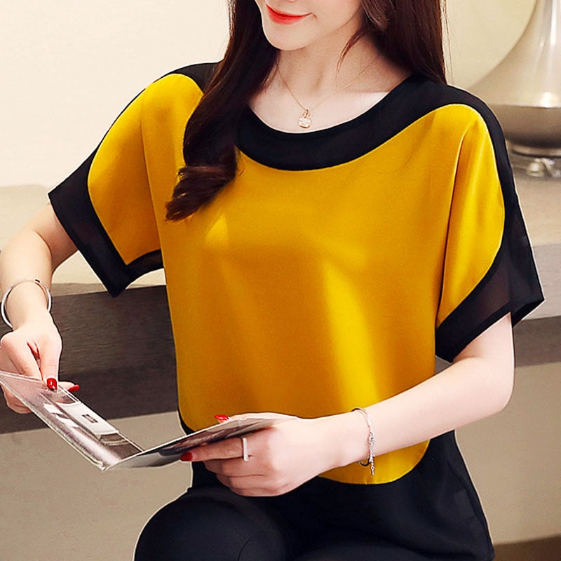 Womens Tops And Blouses Fashion 2023 Chiffon Blouse Loose Ladies Tops Shirts Solid Short O-Neck Batwing Sleeve 3397 50