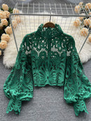 Sexy Lace Hollow Out Short Blouse Casual Lantern Long Sleeve Stand Collar Shirts Female Elegant Red/Pink/White Loose Tops 2020