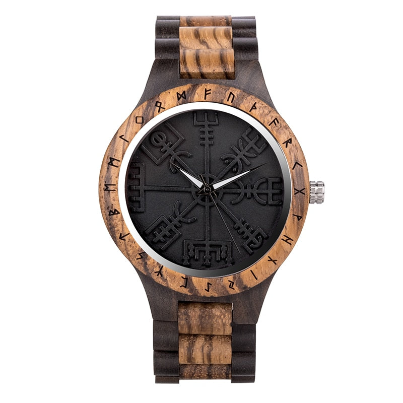 Handmade BOBO BIRD Wooden Watches Man Women Runic Circle Watch with Golden Helm of Awe Vegvisir Quartz Wristwatch Male