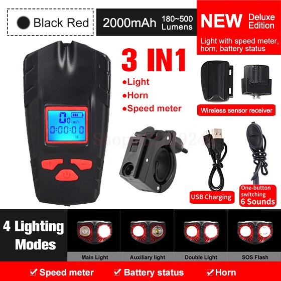 Luz de bicicleta recargable por USB, odómetro de bicicleta, linterna de luz delantera con ordenador, velocímetro LCD, cabeza de ciclismo, bocina de linterna