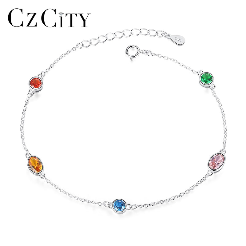 CZCITY 100% 925 Sterling Silver Chain & Link Bracelets for Women Fine Jewelry Party Colorful Topaz Bridal Weedding Accessories