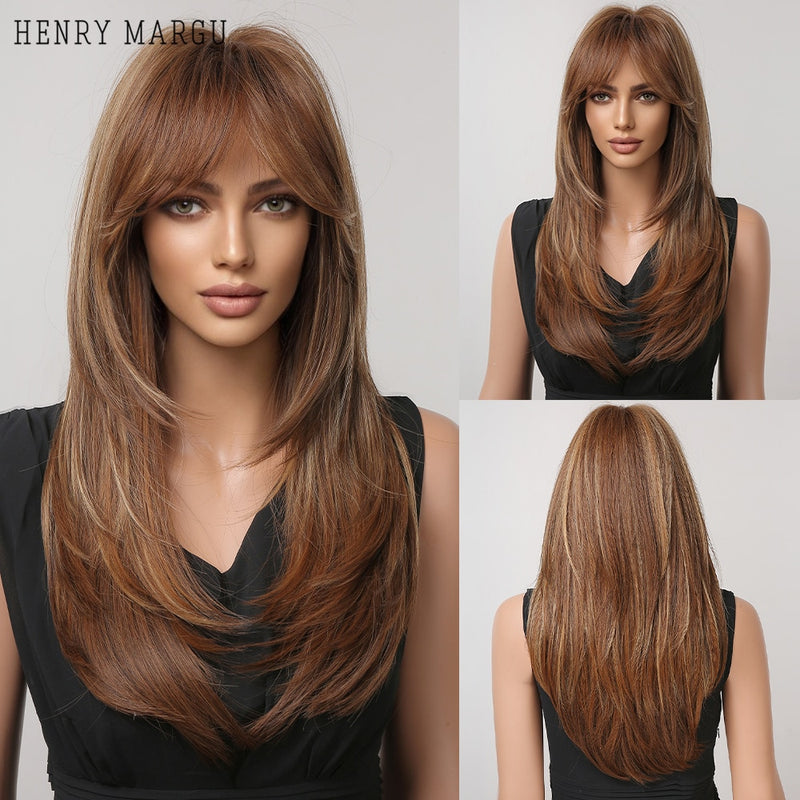 HENRY MARGU Long Straight Black Synthetic Wigs With Bangs Natural Fake Hairs for Women Afro Heat Resistant Cosplay Daily Wigs