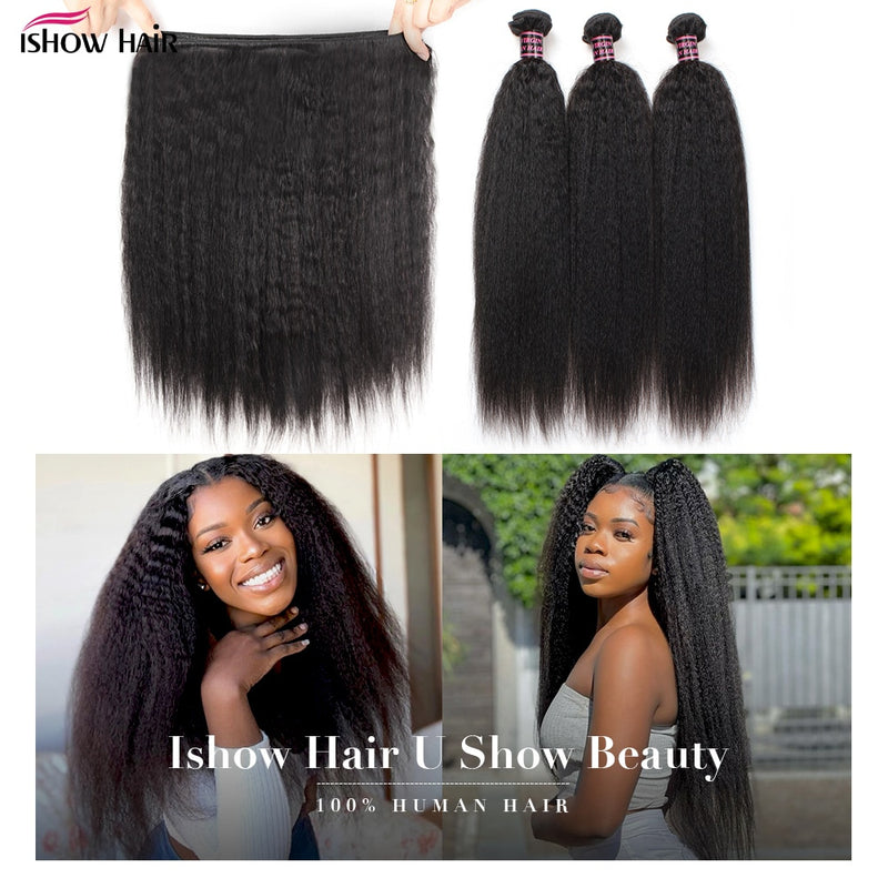 Ishow Peruvian Kinky Straight Hair Weave Bundles 8A Grade Human Hair Bundles Yaki Human Hair Extension Natural Black Color