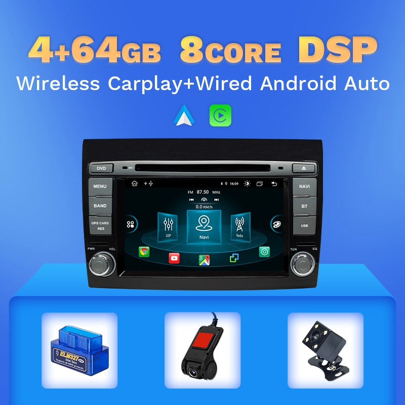 Wireless Carplay Android 11 2 Din Car DVD Player For Fiat/Bravo 2007 2008 2009 2010 2011 2012 GPS Navigation Auto Radio DSP IPS