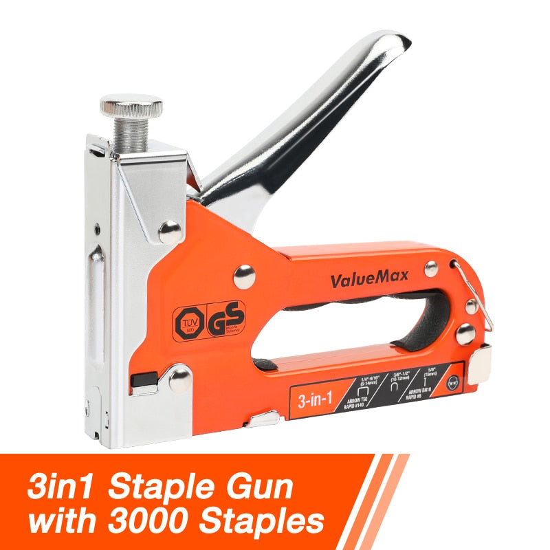 ValueMax Construction Stapler Heavy Duty 3-in-1 Manual Nail Gun With 3000 Staples Upholstery Stapler for Wood Furniture Home DIY