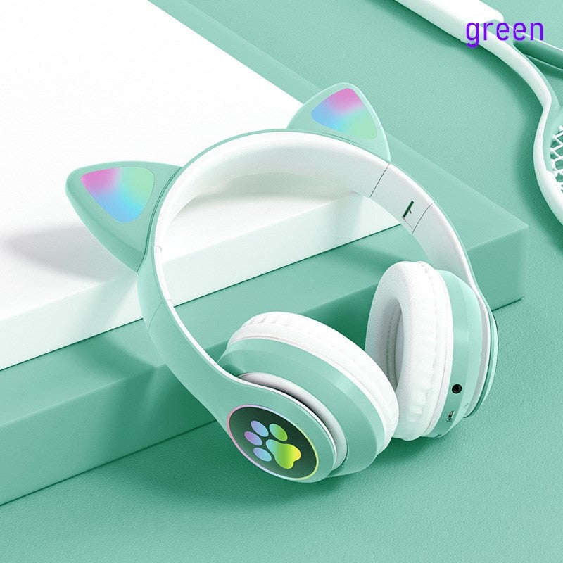 Flashing LED Cute Cat Ears Headphones Bluetooth Wireless Headset with Mic TF FM Kid Girl Stereo Music Earbud Kitten Earphon Gift