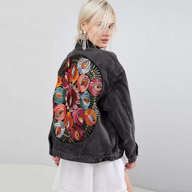 Gypsylady floral Embroidered Denim Jacket Black Casual Chic Winter Jacket Women Bohemian Warm Jacket Coat 2022 New Chaquetas