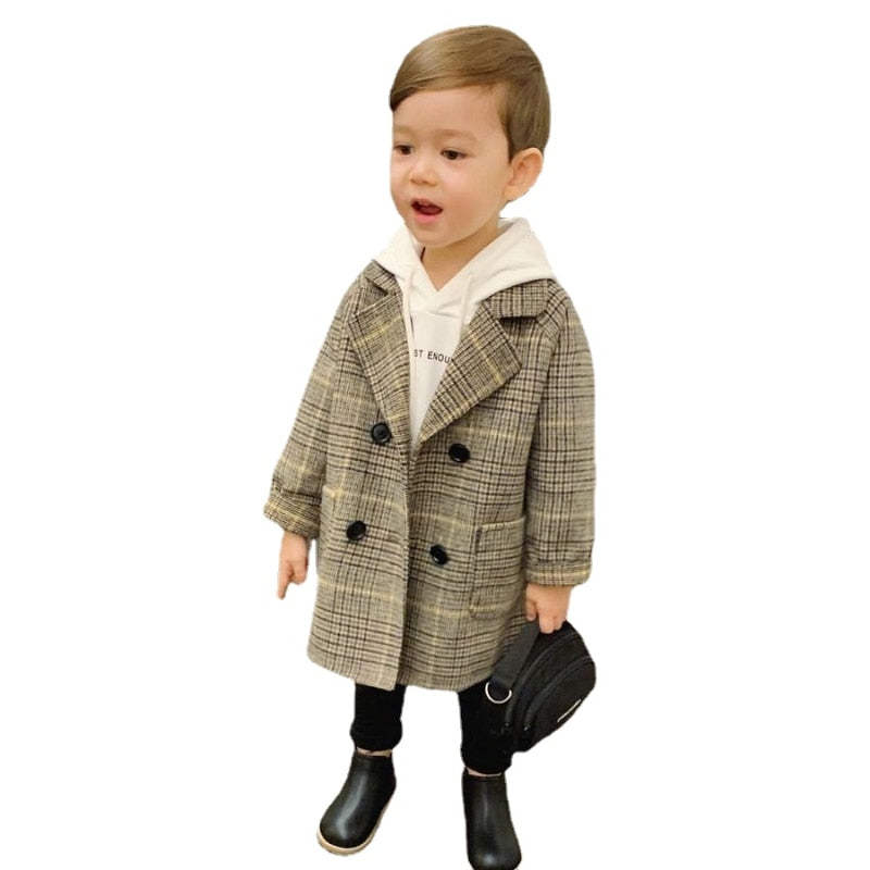 Winter Grid Jackets Boys Girl Woolen Double-breasted Baby Boy Trench Coat Lapel Autumn Kids Outerwear Coats Spring Wool Overcoat