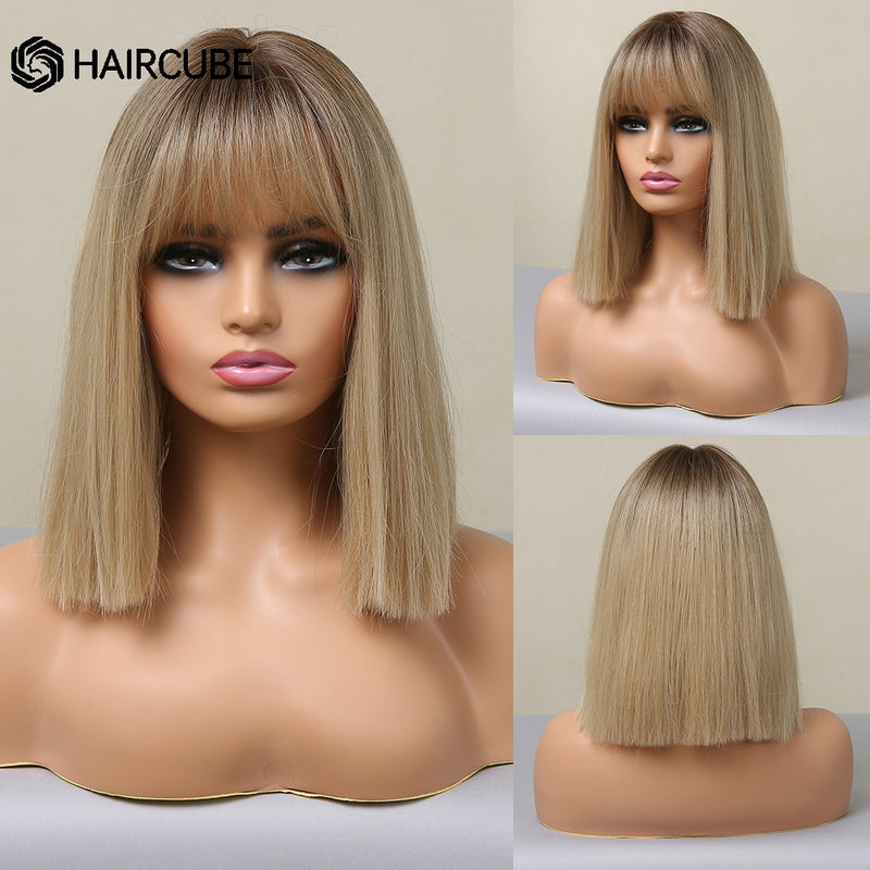 Medium Length Ombre Brown to Blonde Straight Hair Wigs with Bangs Synthetic Wigs for Women Cosplay Heat Resistant Natural Wigs