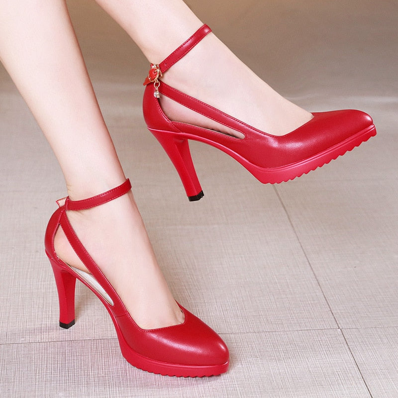 Size 32-43 Pointed Toe Crystal Platform Pumps Women 2023 Soft Leather Strap Ankle Thin High Heels Wedding Shoes Bride White Red