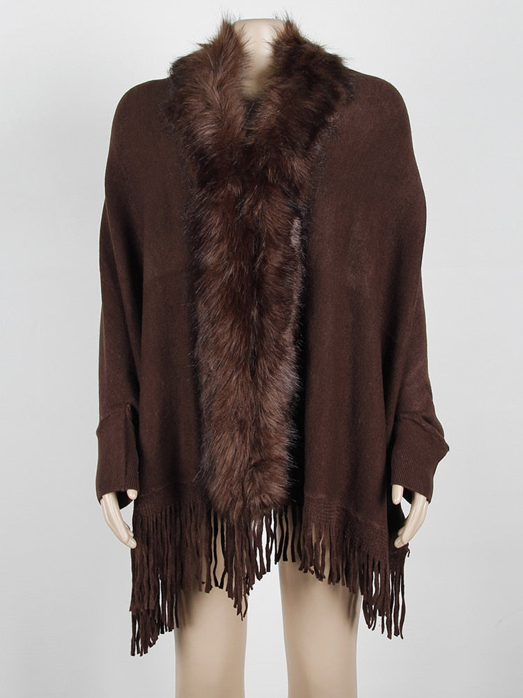 Fitshinling Fur Collar Winter Shawls And Wraps Bohemian Fringe Oversized Womens Winter Ponchos And Capes Batwing Sleeve Cardigan