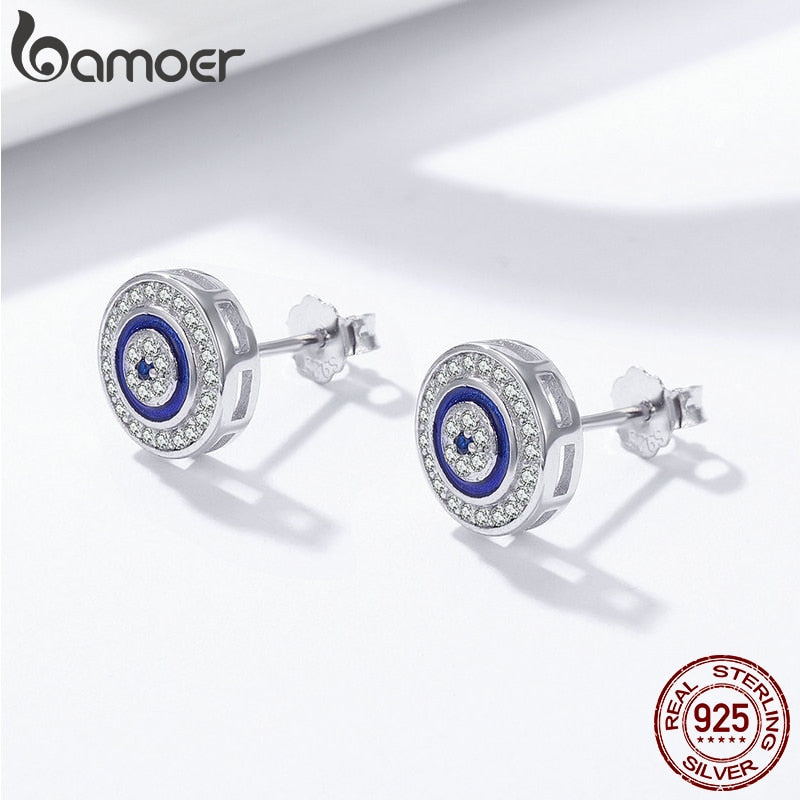 Bamoer Authentic 925 Sterling Silver Blue Zircon Evil Eye Lucky Eye Round Stud Earrings for Women Birthday Gift Jewelry SCE148