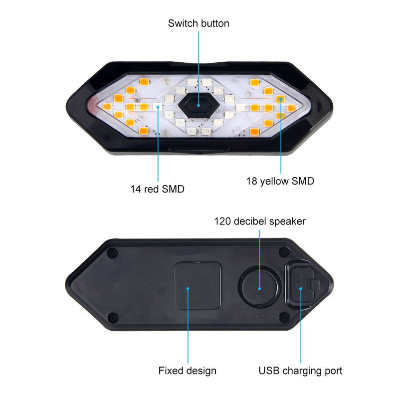 Luz trasera de bicicleta inteligente, lámpara de advertencia de Control remoto inalámbrico, luz trasera de señal de giro recargable USB con función de bocina
