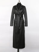 Lautaro Autumn Extra Long Green Leather Trench Coat for Women Long Sleeve Sashes Single Breasted Maxi Overcoat 2021 Streetwear