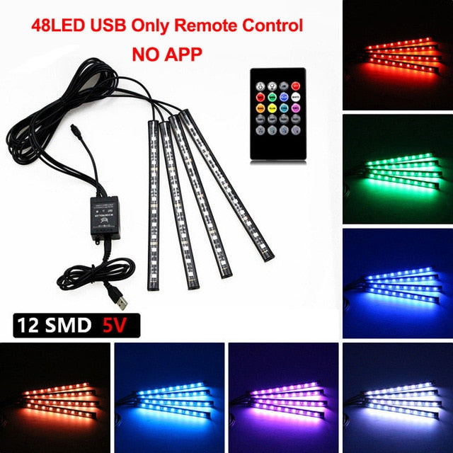 Neon 48 72 LED Car Interior Ambient Foot Light with USB Wireless Remote Music App Control Auto RGB Atmosphere Decorative Lamps