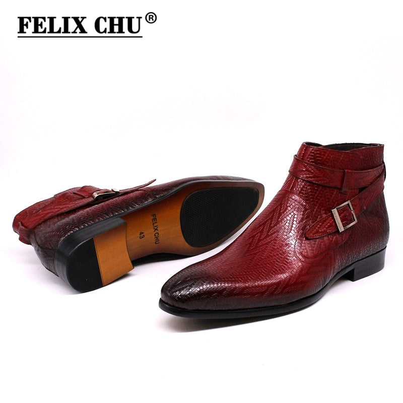 Handgemachte Herren Stiefeletten Felix Chu Echtes Leder Herren Motorradstiefel Schwarz Rot Schnalle High Top Abendschuhe für Herren