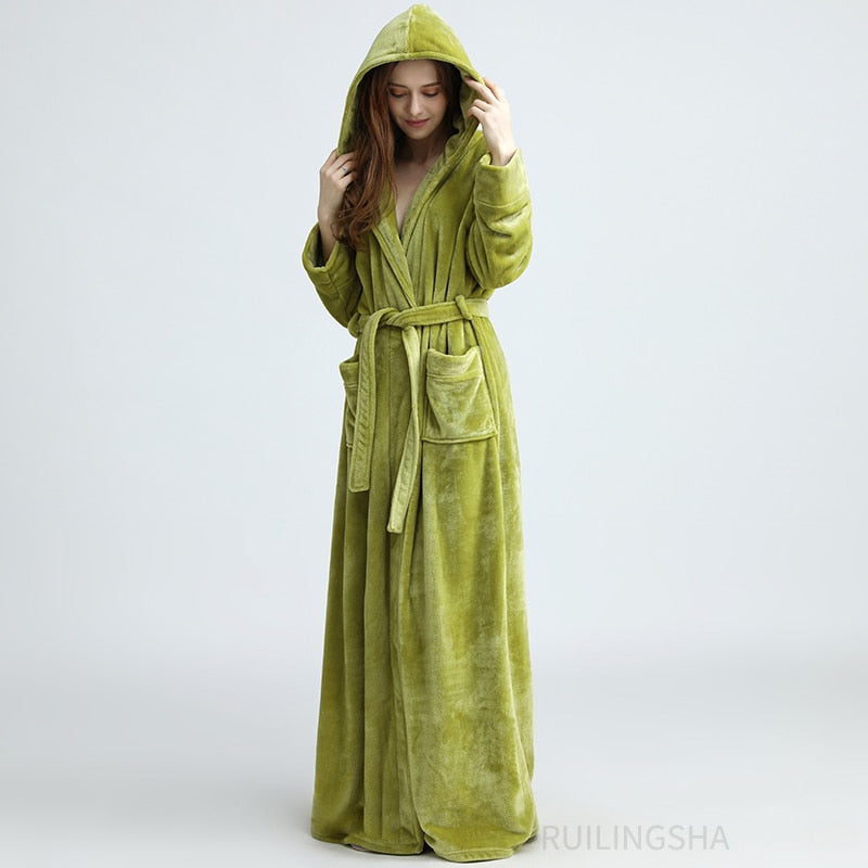 Women Men Winter Plus Size Flannel Robe Extra Long Hooded Warm Bathrobe Lovers Thick Kimono Bath Robe Male Dressing Gown Robes