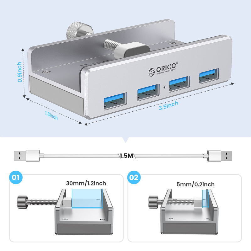 ORICO MH4PU Aluminum 4 Ports USB 3.0 Clip-type HUB For Desktop Laptop Clip Range 10-32mm With 150cm Date Cable - Silver