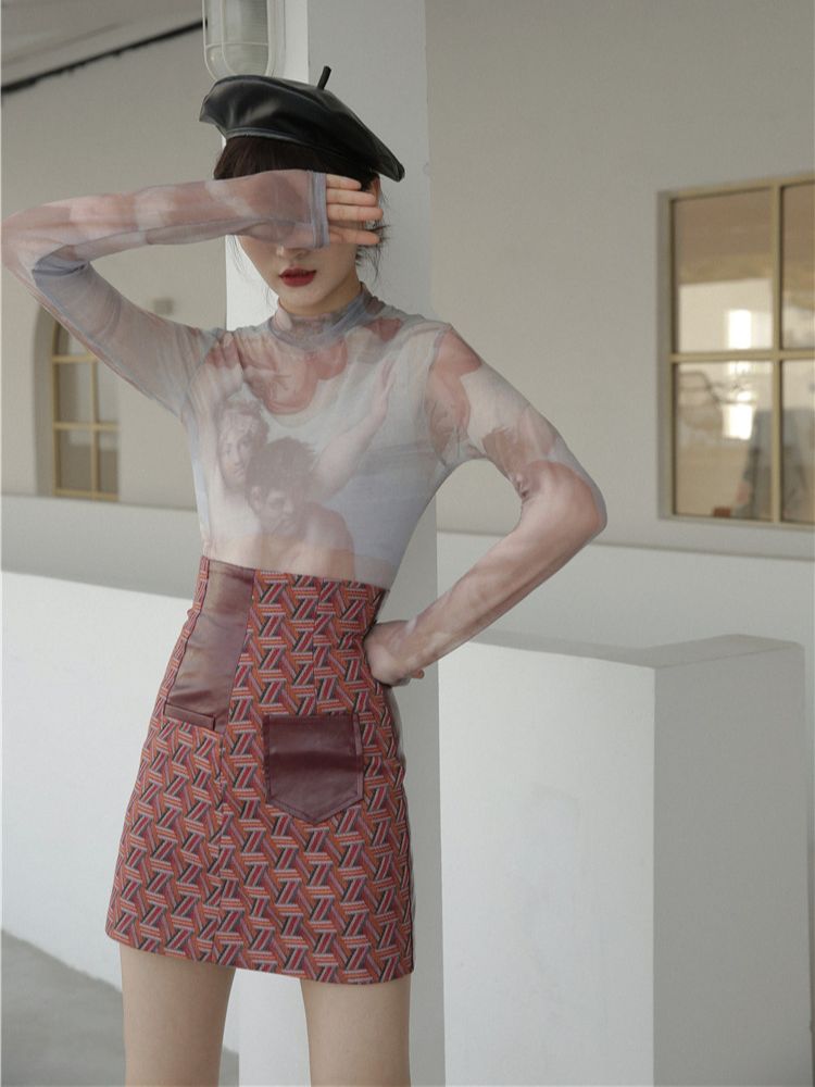 CHEERART Sheer T Shirt Women Turtle Neck Mesh Top Painting Print Long Sleeve Tee Shirt Femme Body Tight Underwear Fall Clothes