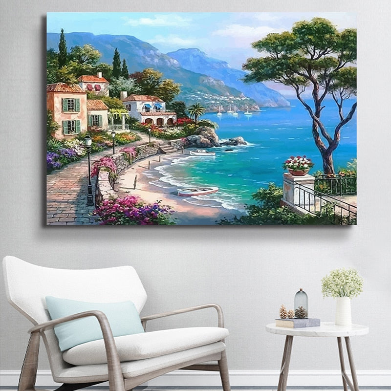 CHENISTORY Mediterranean Sea Landscape DIY Painting By Numbers Kits Paint On Canvas With Wooden Framed For Home Wall Deocr Gift