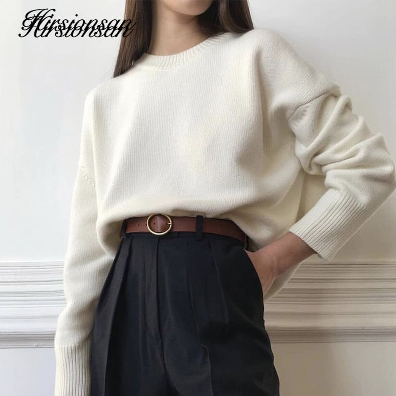 Hirsionsan, suéter de invierno de gran tamaño para mujer, jerséis básicos de punto elegantes 2022, jersey de Cachemira suave holgado con cuello redondo para mujer