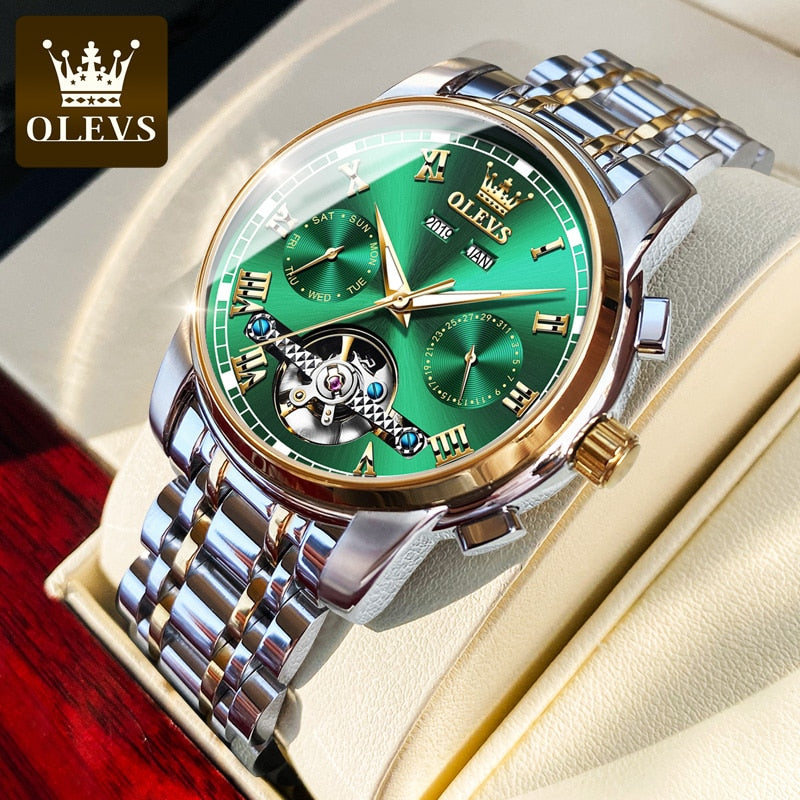 OLEVS Automatische Mechanische Herrenuhren Edelstahl Wasserdicht Datum Woche Grün Mode Klassische Armbanduhren Reloj Hombre