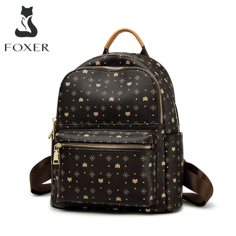 Mochila FOXER para mujer, mochila de moda con estampado de PVC de firma, mochila de viaje para mujer, mochila para ordenador portátil de negocios con monograma Retro para mujer