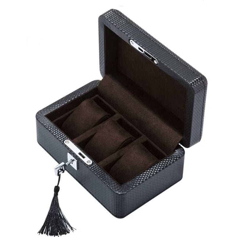 Caja de reloj de cuero con 3/6/12 ranuras, caja de almacenamiento de reloj negra, organizador con cerradura, caja de reloj de carbono de lujo para hombres, cajas de regalo