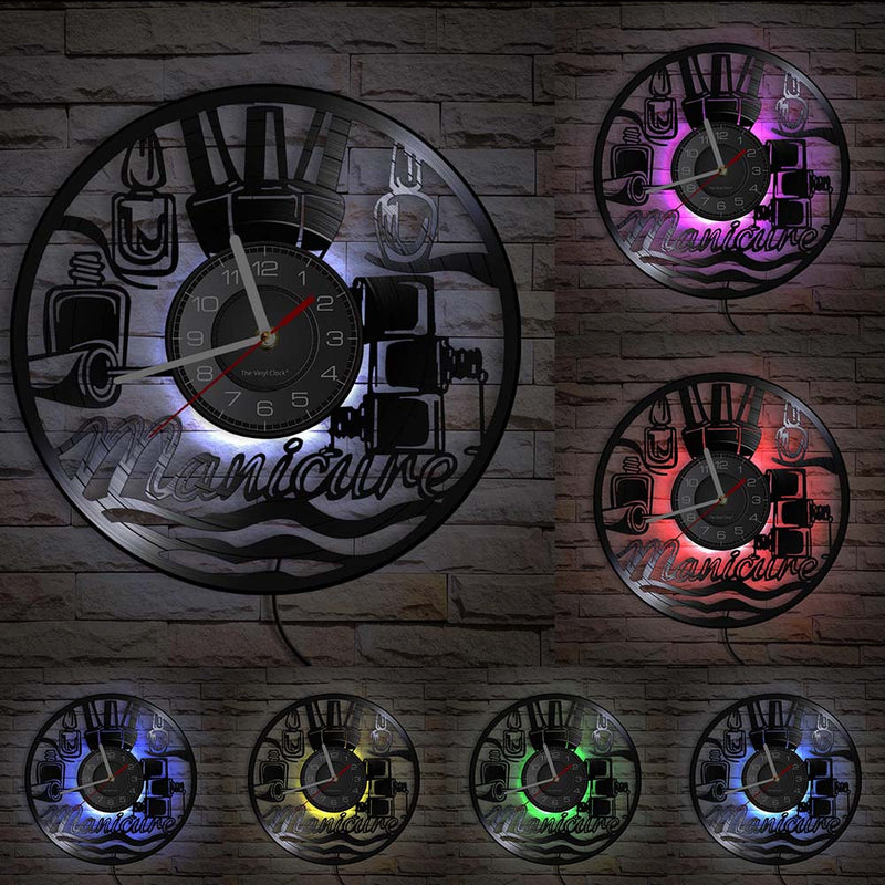 Reloj de pared con diseño de manicura, tienda de belleza a la moda, arte de pared, salón de uñas, disco de vinilo, reloj de pared, belleza de uñas, decoración del hogar, regalo para ella