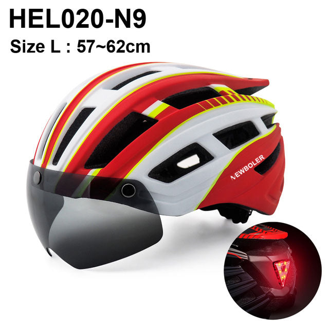 Casco de ciclismo NEWBOLER para hombre y mujer, casco con luz LED, lente para casco de bicicleta de montaña y carretera para montar en bicicleta, deportes, monopatín, Scooter