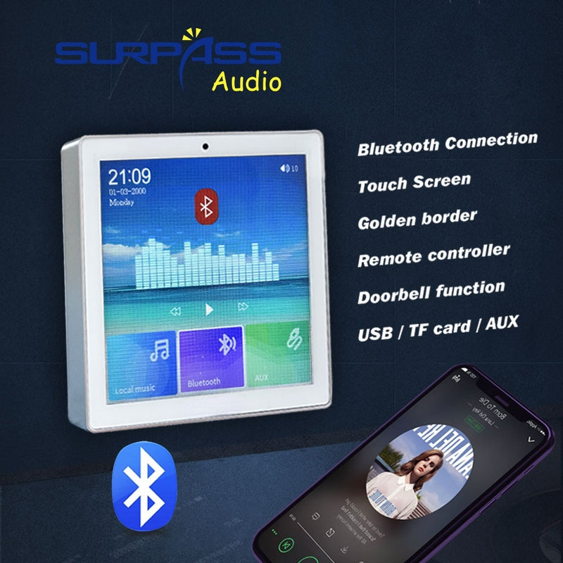 Smart Home Audio 4 canales inalámbrico Bluetooth en pared amplificador pantalla táctil, Radio empotrada, alimentación de tarjeta USB TF para altavoz