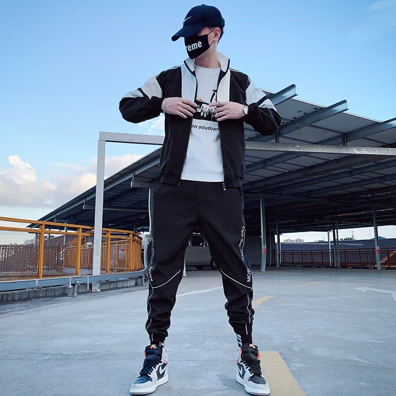 2023 Hip Hop Workwear jacket Mens Tracksuit Jacket+Pants 2PC Sets baseball loose Zipper Ribbons Coat &amp; Long Pants Mens Clothes