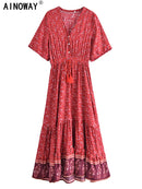 Vintage Chic Fashion Women Floral Print V-neck Rayon Beach Bohemian Maxi Dress Ladies V Neck Tassel Summer Boho Dresses Robe