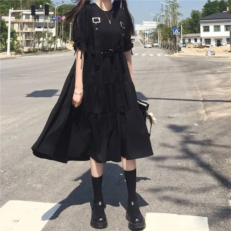 QWEEK Gothic Style Dress Women Harajuku Gothic Lolita Goth Kawaii Dress Punk Cute Long Sleeve Black Midi Dress 2021 Emo Oversize