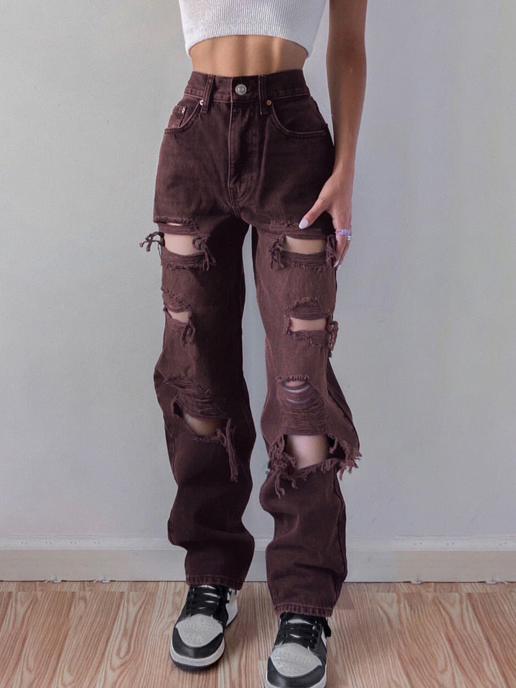 HEYounGIRL Holes Casual Black Ripped Jeans Mujer Harajuku Pantalones de mezclilla de cintura alta Vintage Pantalones desgastados Capri Summer
