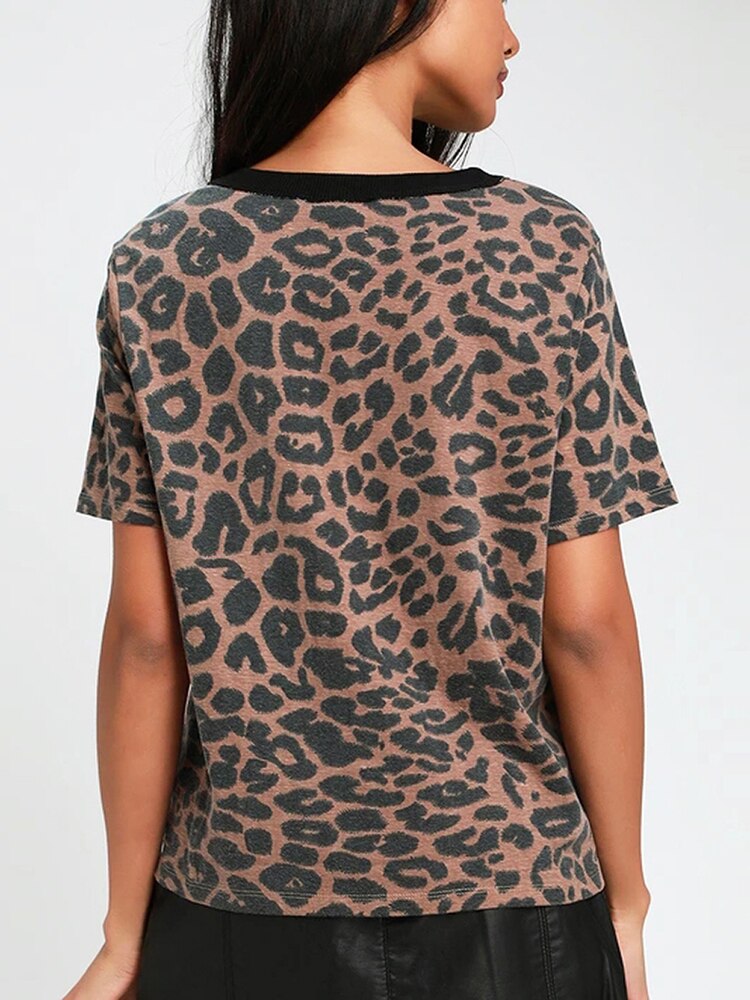 Aachoae Summer Women Leopard T Shirt O Neck Fashion Female Tshirt Short Sleeve Loose Home Ladies Tee Tops Mujer Camisetas S-XL