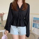 shintimes V-Neck White Blouse Sashes Casual Woman Clothes 2022 Fall Lace Long Sleeve Shirt Women Blouses Shirts Chemisier Femme