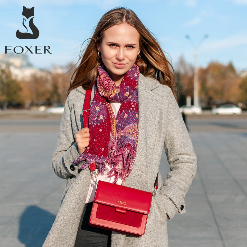 FOXER Women Organ Bag Split Cow Leather Crossbody Shoulder Bags Female Fashion Messenger Bag Small Lady Flap Purse Gift for Girl